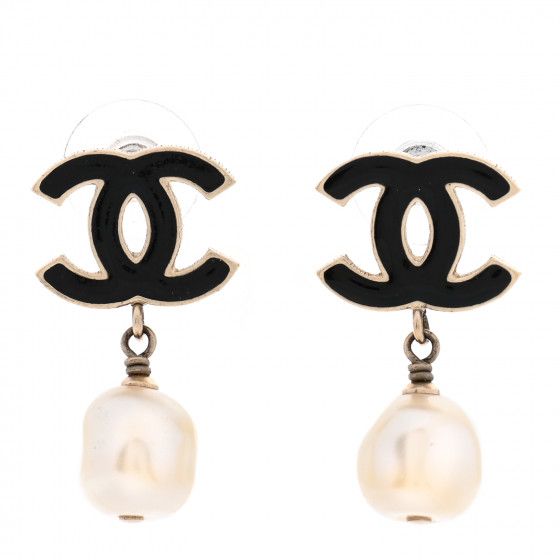 CHANEL Pearl Enamel CC Drop Earrings Black Gold | Fashionphile