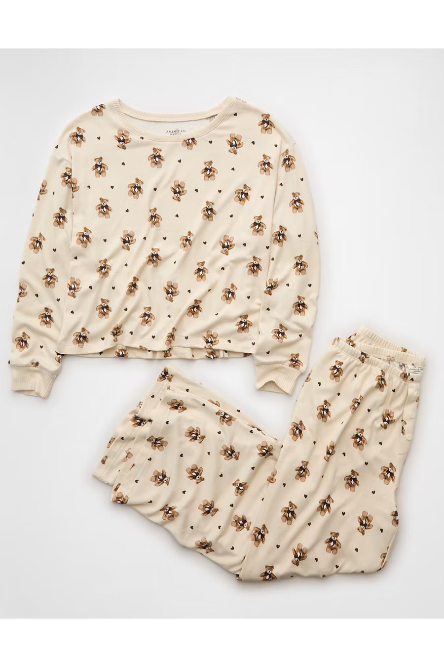AE Luxe Plush Teddy Bears Long-Sleeve & Pant PJ Set Women's Bone Khaki S | American Eagle Outfitters (US & CA)