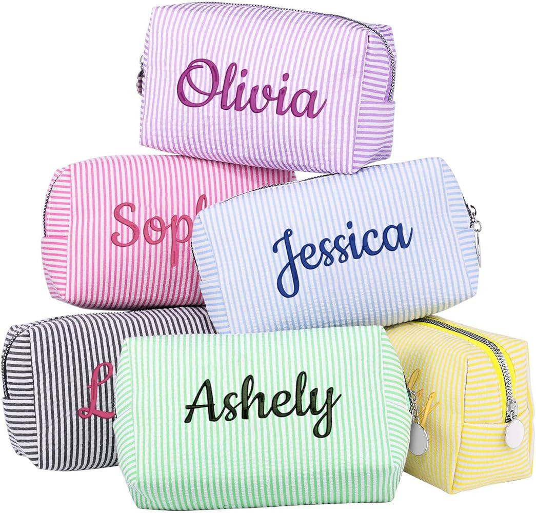 Personalized Seersucker Makeup Bag with Embroidered Name&Birth Flower,Custom Small Travel Cosmeti... | Amazon (US)