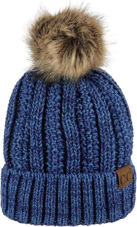 C.C Thick Cable Knit Faux Fuzzy Fur Pom Fleece Lined Skull Cap Cuff Beanie | Amazon (US)