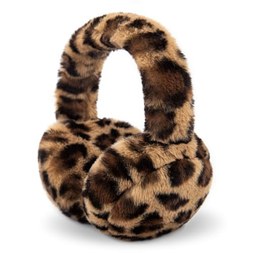 POMIJIAN Winter Ear Muffs for Women Girls Faux Fur Cute White Earmuffs Fluffy Ear Warmers Foldable Ear Covers Outdoor (Brown Leopard) | Amazon (US)