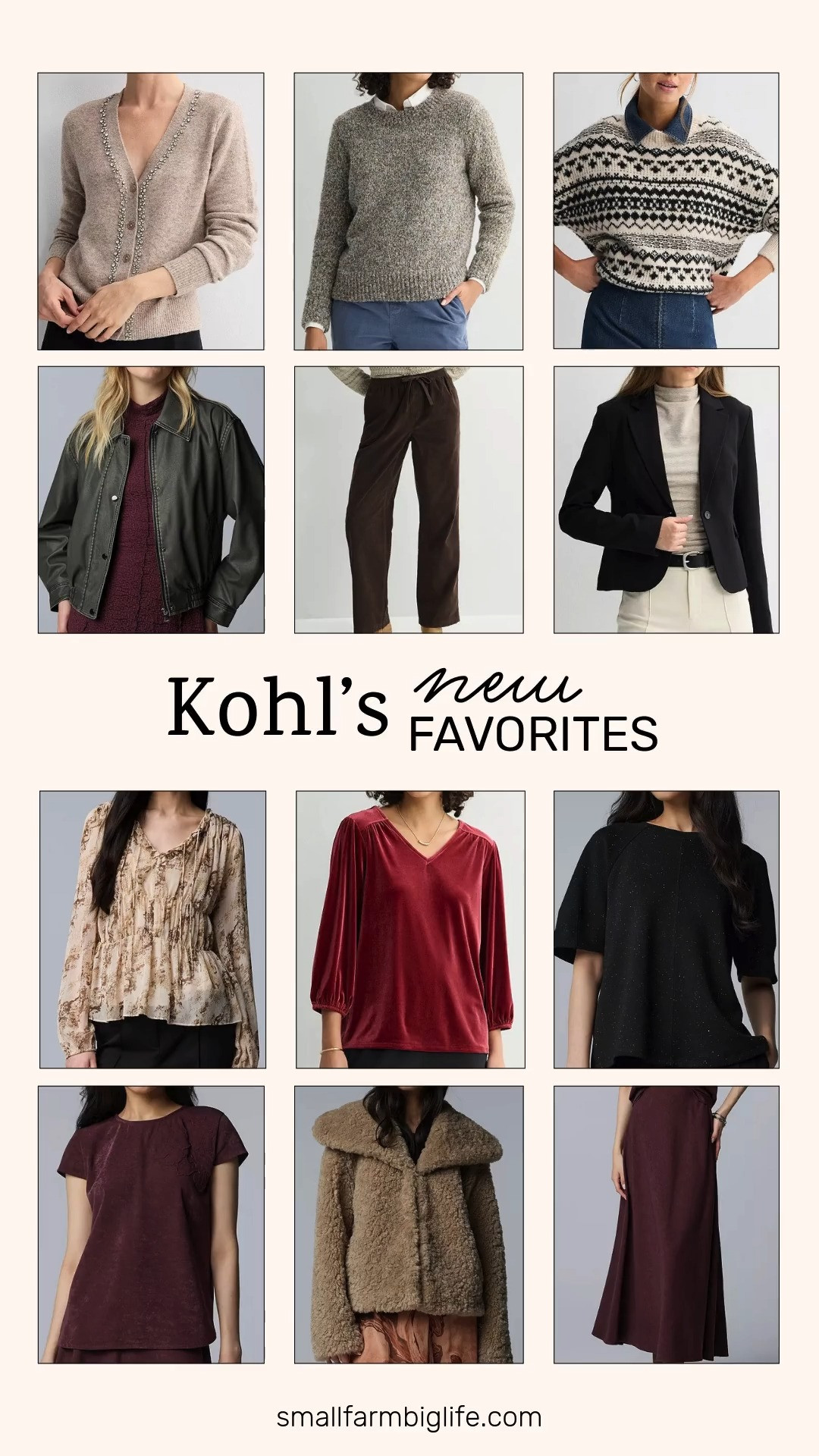 Kohl's New Favorites for fall: rich colors, cozy textures, and polished pieces that take you from work to date night to holiday gatherings. 🍂

The cherry Croft & Barrow V-Neck Velvet Blouse is so pretty with the brown Croft & Barrow Tie Waist Corduroy Pants for an easy fall outfit with lots of texture. The burgundy Simply Vera Vera Wang Floral Applique Top and burgundy Simply Vera Vera Wang Bias Cut A-Line Skirt make a gorgeous tonal look for a casual date night or Thanksgiving dinner.

For sweater weather, the tan heather Nine West Shine V-Neck Sweater Cardigan has a sparkly rhinestone border that dresses up jeans in seconds. The brown multi Croft & Barrow Textured Pullover Sweater and the oat and black fairisle SO Cozy Pullover Sweater are warm, cozy, and perfect for chilly fall days.

Outerwear is where this collection really shines: the tan shearling Simply Vera Vera Wang Collared Faux Fur Jacket, the black Simply Vera Vera Wang Washed Faux Leather Bomber Jacket, and the black SO Shrunken Blazer all layer beautifully over the black Simply Vera Vera Wang Raglan Short Sleeve Luxe Cozy Knit Top or the beige and brown pattern Simply Vera Vera Wang Long Sleeve Shirred Blouse. These affordable pieces make great fall outfits for women over 50 and anyone refreshing their fall wardrobe.

#kohls #falloutfits #fallfashion #datenightoutfit #fauxfurjacket 

 #LTKootd #LTKOver40 #LTKSaleAlert