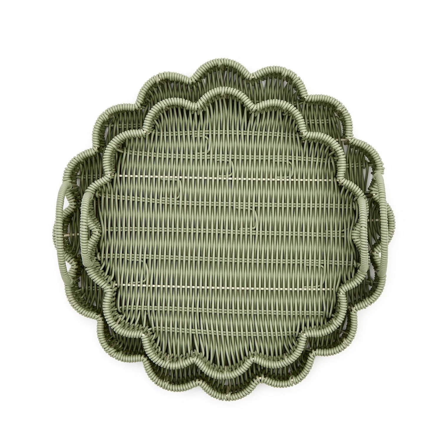 Round Wicker Serving Tray Set 4.5" H All Weather Scalloped Edge with Handles Set of 2 | Wayfair North America