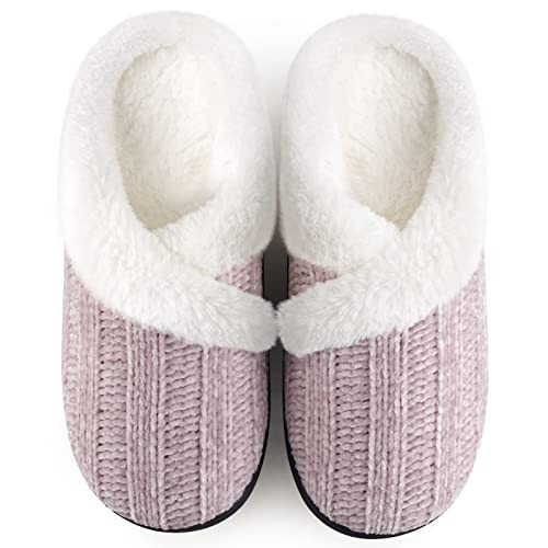 Slippers for Women Fuzzy House Slip on Indoor Outdoor Bedroom Furry Fleece Lined Ladies Comfy Memory Foam Female Home Shoes Anti-Skid Rubber Hard Sole Light Purple Size 11-12 | Amazon (US)