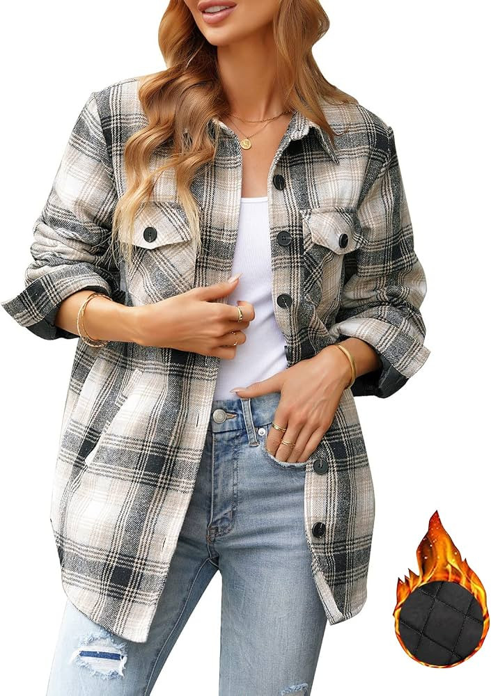 GRAPENT Women's Oversized Plaid Button Down Shirt Quilted Lined Shacket Jacket | Amazon (US)