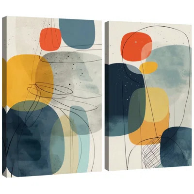 Mid Century Shape "Vibrant Blue & Yellow & Orange Polygon Artwork, Modern Abstract Geometric Wall Pictures, Framed Canvas Giclee Print 2 Pieces Wall A | Wayfair North America
