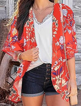 Women's Floral Print Puff Sleeve Kimono Cardigan Loose Cover Up Casual Blouse Tops | Amazon (US)
