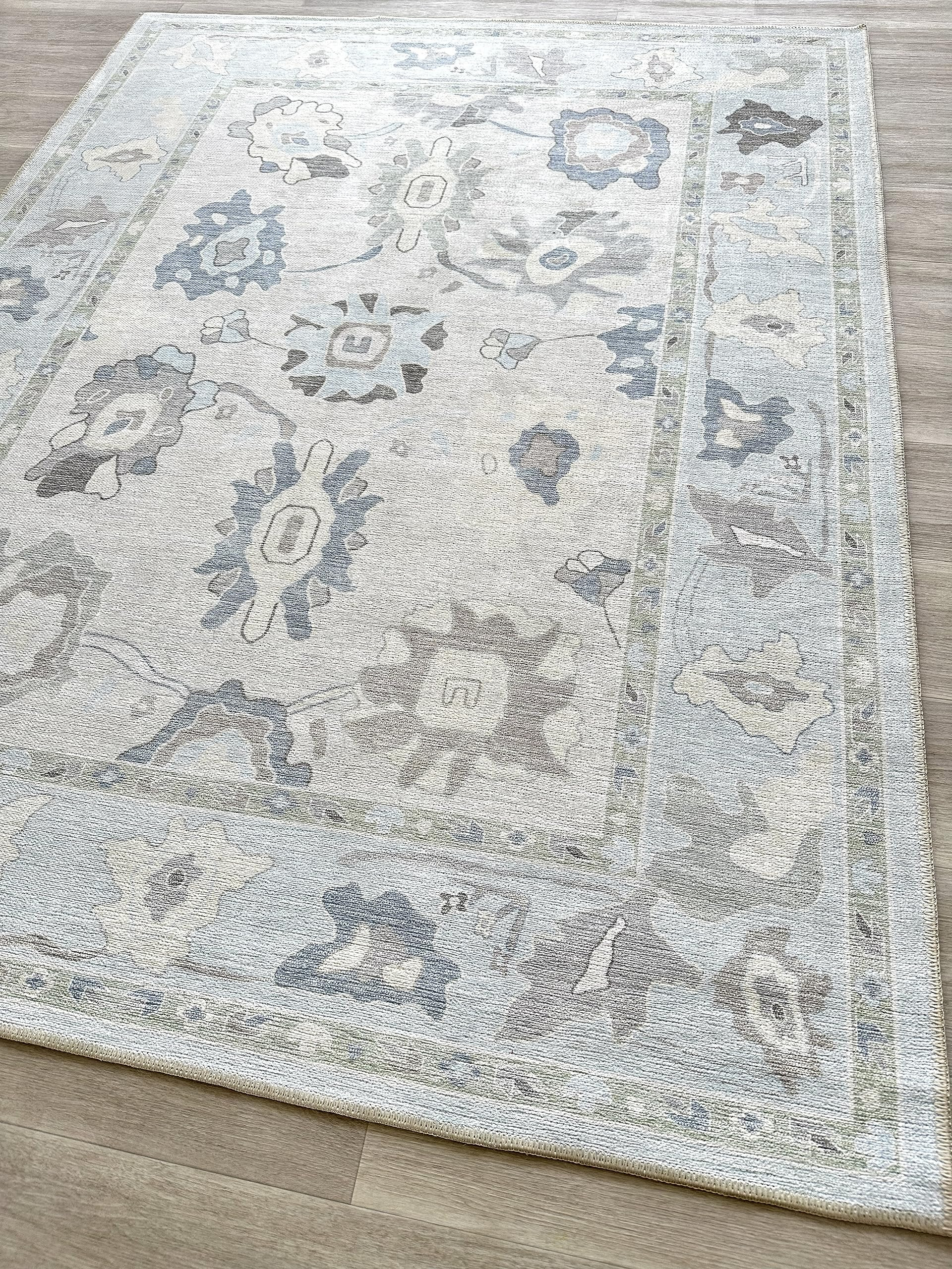 Cream Blue Oushak Rug, Modern, Vintage, Turkish, Eclectic, Floral, Pastel, Washable, Area Rugs fo... | Amazon (US)