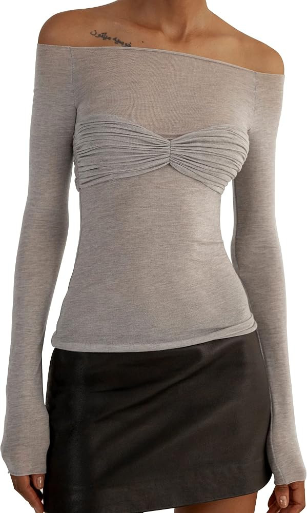 Meladyan Women Off Shoulder Ruched Sheer Mesh Sexy Tshirt Top Long Sleeve Pleated See Through Sol... | Amazon (US)