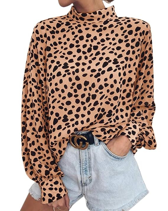 Valphsio Womens Long Sleeve Turtleneck Blouse Leopard Print Loose Nightout Shirt Tops | Amazon (US)