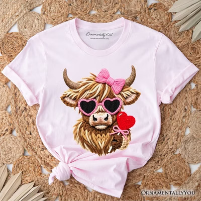 Highland Cow Faux-Yarn Valentine T-Shirt, Cute Knit Coquette Tee Soft Pink S | Target