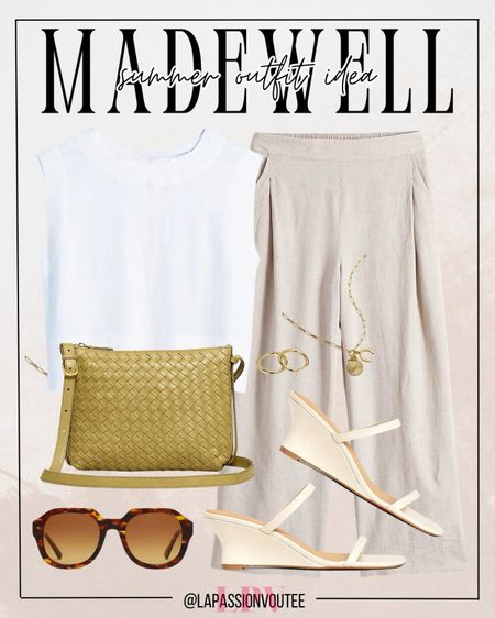 Elevate your summer wardrobe with our effortlessly chic pull-on pants paired with a breezy linen tank top. Accessorize with statement hoop earrings and a trendy chain necklace. Complete the look with a practical crossbody bag, stylish sunglasses, and comfortable wedge sandals for all-day comfort and style. 

#LTKSeasonal #LTKstyletip #LTKxMadewell