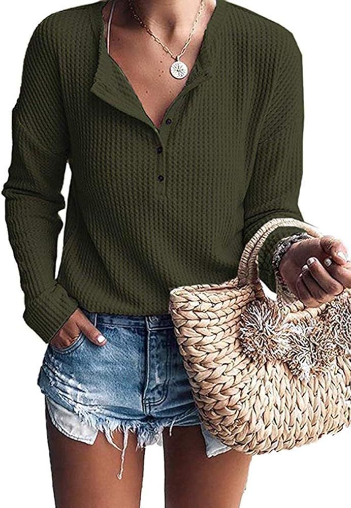 Women's Waffle Knit Tunic Tops Loose Long Sleeve Button Up V Neck Henley Shirts | Amazon (US)