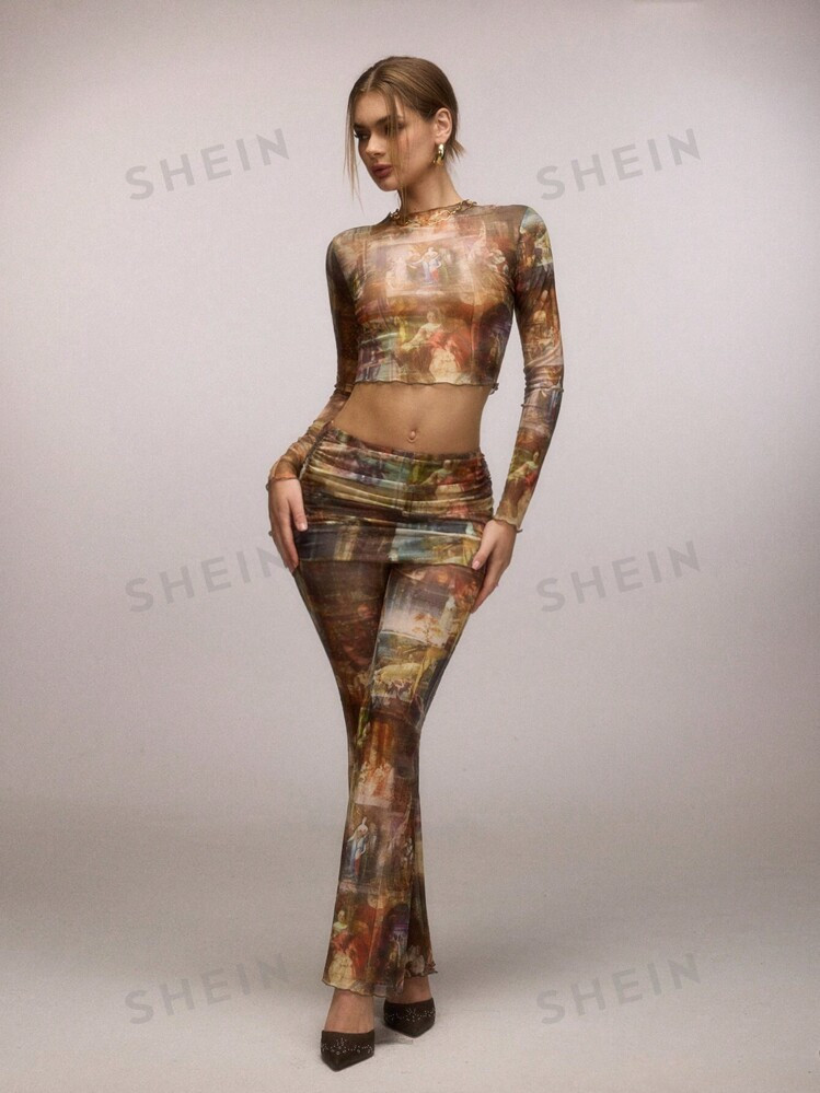 SHEIN SXY 2pcs/Set Fall Women Long Sleeve Flared Pleated Mock Neck Sheer Mesh Blouse Fall Clothes... | SHEIN