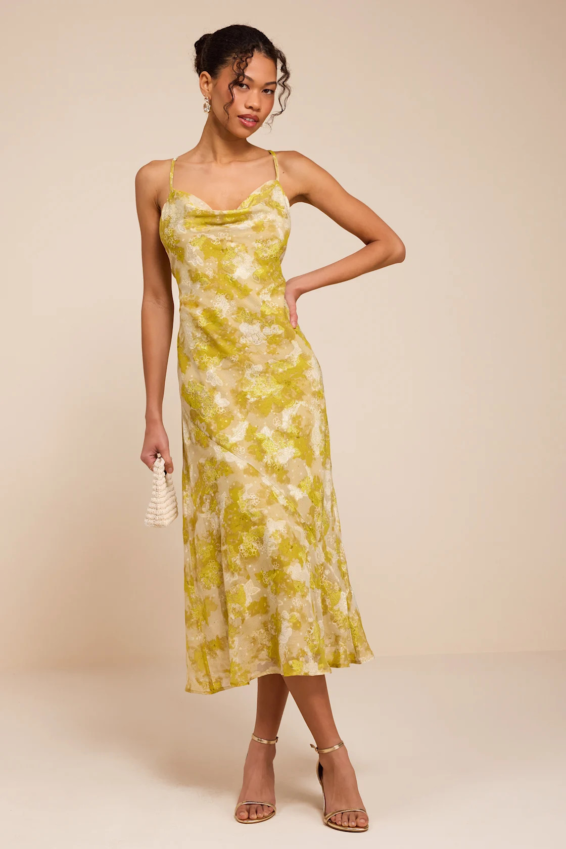 Neida Yellow Floral Burnout Cowl Neck Midi Dress | Lulus
