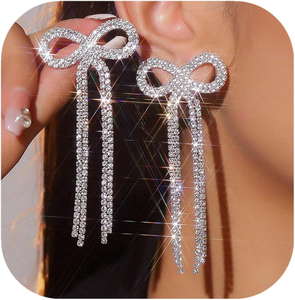 Bow Earrings Rhinestone Bow Earrings Bow Stud Earring Bow Dangle Drop Statement Earrings for Wome... | Amazon (US)