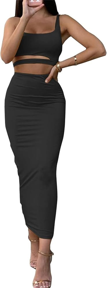 PRIMODA Women's Sexy Asymmetrical Spaghetti Strap Dress Square Neck Sleeveless Bodycon Midi Club ... | Amazon (US)