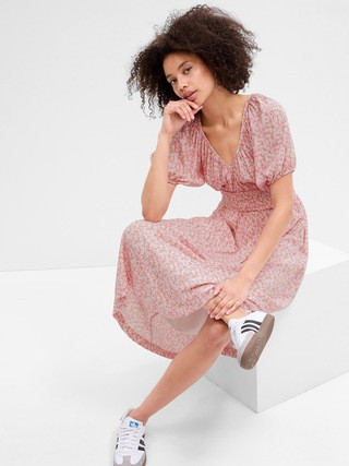 Smocked Puff Sleeve Midi Dress | Gap Factory