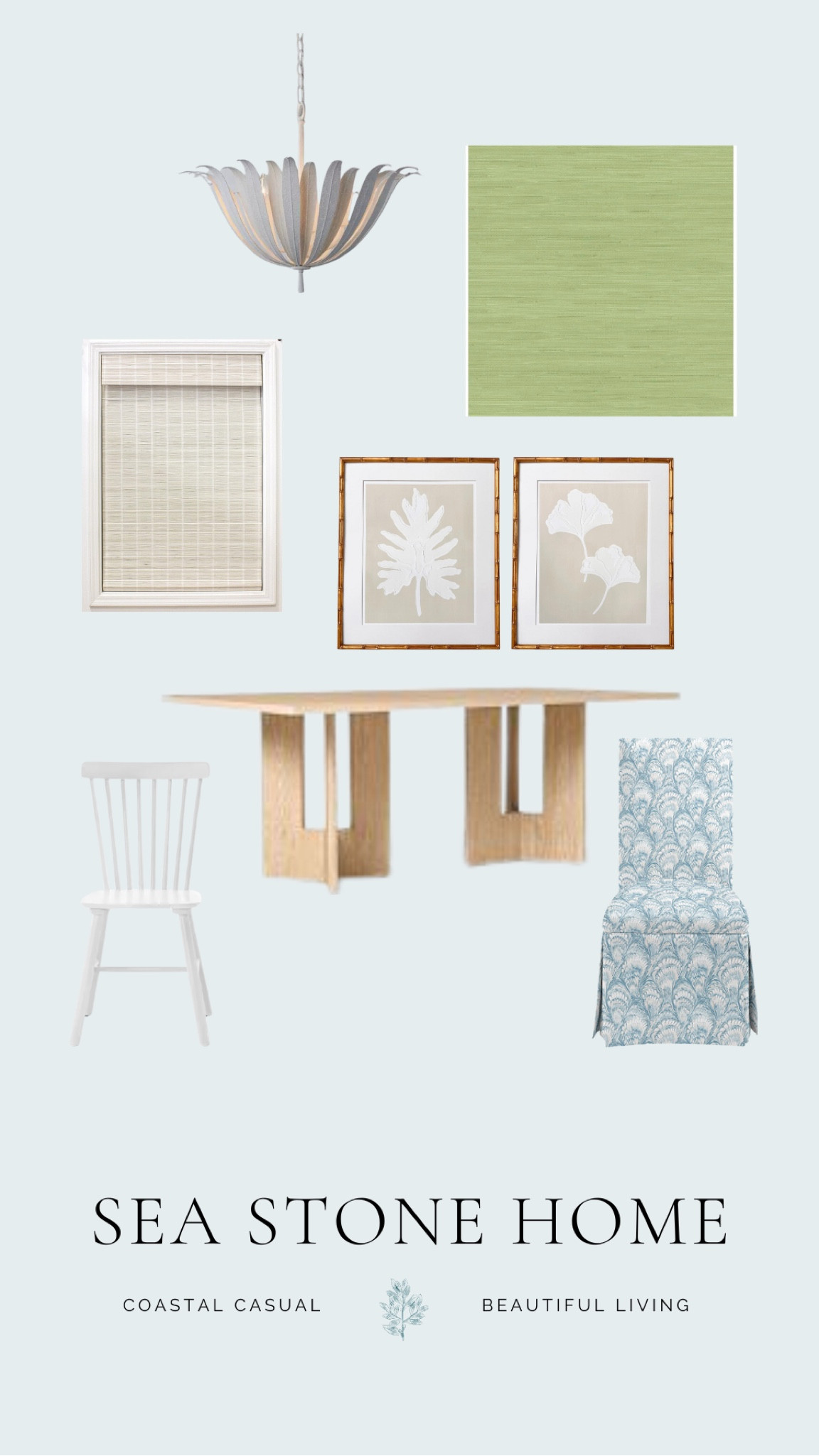 Coastal casual dining room with a cheerful green grass cloth wallpaper!