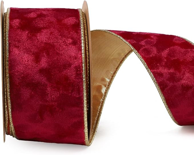 LaRibbons Christmas Ribbon Wired Red Velvet Ribbons Red Crushed Christmas Ribbon for Gift Wrappin... | Amazon (US)