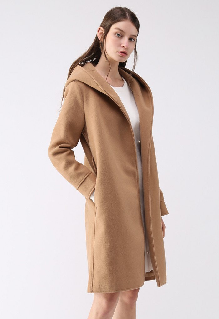 Cozy Trip Hooded Open Front Longline Coat in Tan | Chicwish