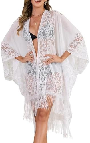 Sexy Elegant Lace Kimono Beach Cover Up for Women, Bathing Suit Cover Up, Open Front Swimsuit Cov... | Amazon (US)