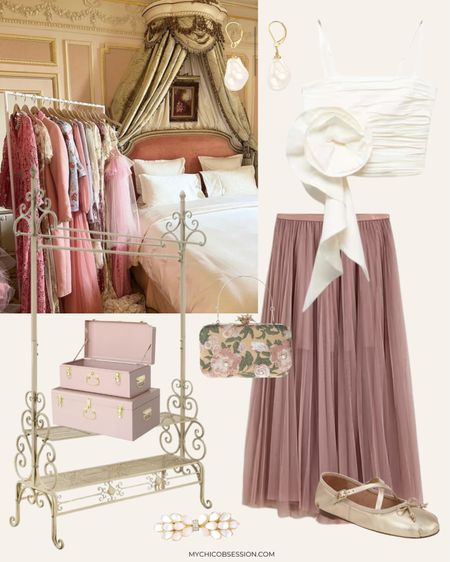 Versailles inspired mood board: rosette shirt, tulle skirt, ballet flats, baroque earrings, embroidered bag, shiny hair clip 

#LTKSeasonal #LTKstyletip