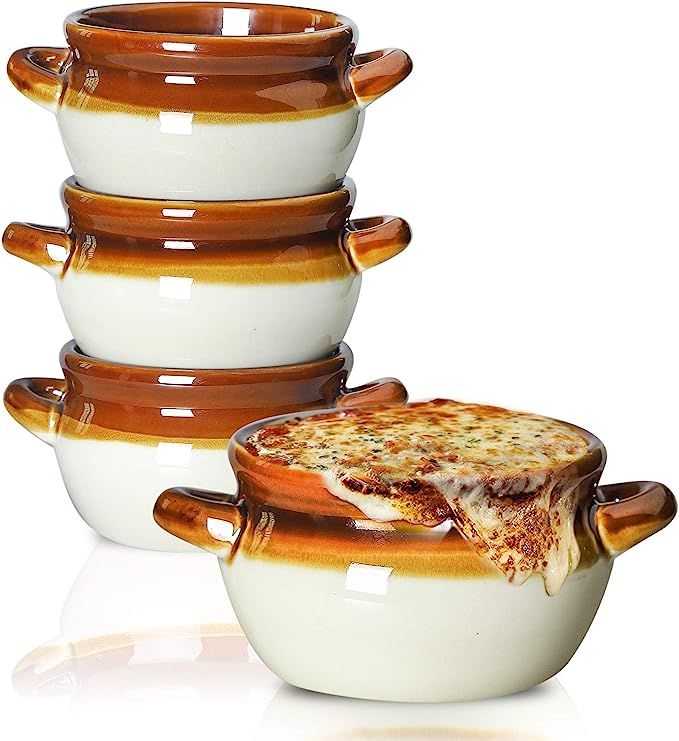 NJCharms Ceramic French Onion Soup Bowls with Handles, Porcelain Onion Soup Crocks, 20 Ounce Oven... | Amazon (US)