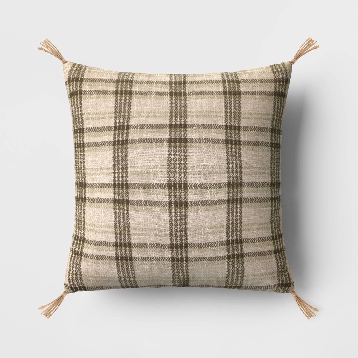 Oversized Cotton Flax Reversible Woven Plaid Square Throw Pillow with Tassels Olive Green - Thres... | Target