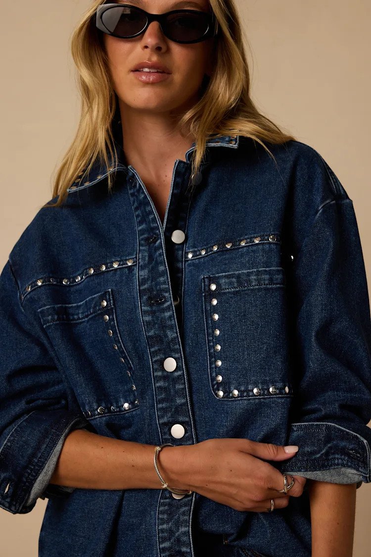 Norton Dark Wash Studded Oversized Denim Jacket | Lulus