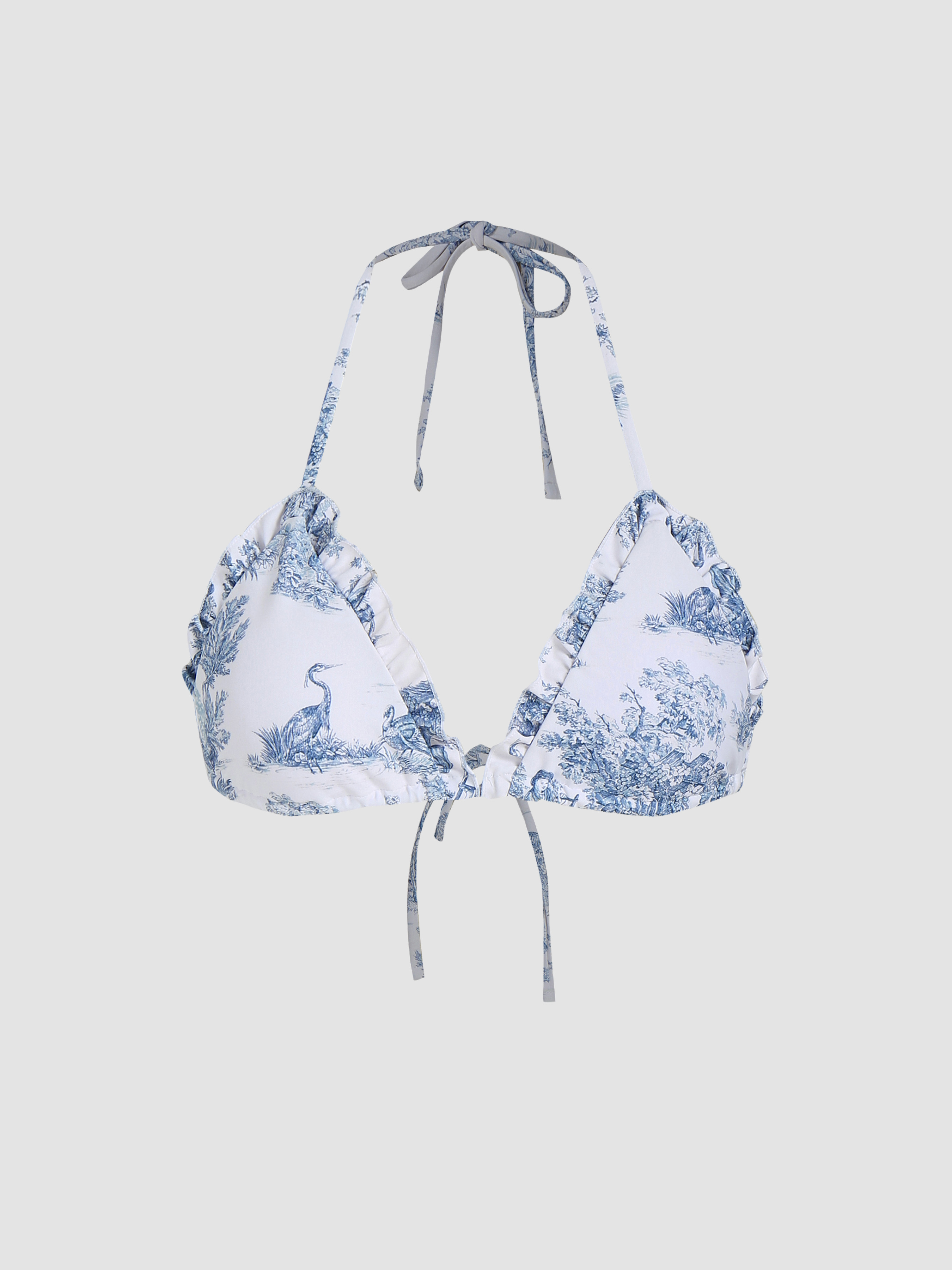 Toile de Jouy Ruffle Hem Halter Bikini Top - Cider | Cider