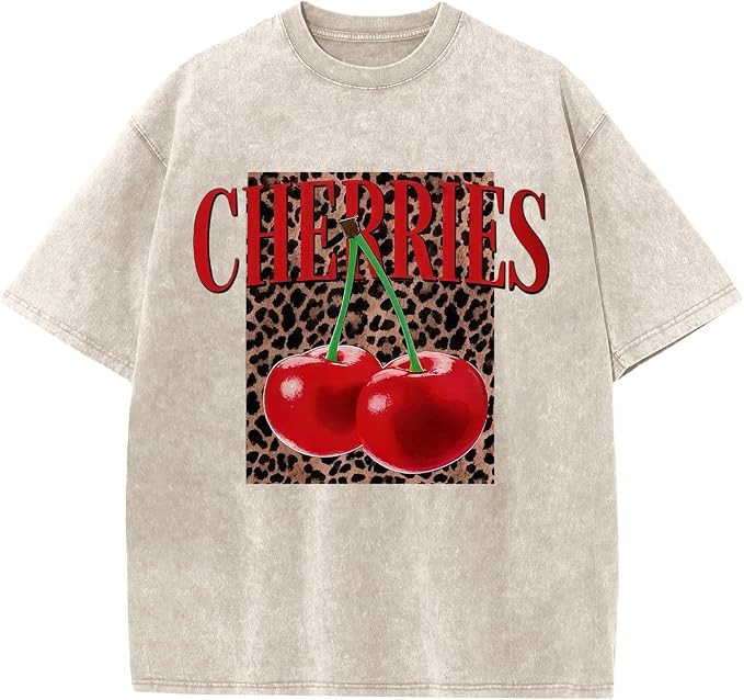 Oversized Cherry Graphic Tees for Women Vintage Leopard Cherry Fruit Shirt Acid Wash Crewneck Str... | Amazon (US)