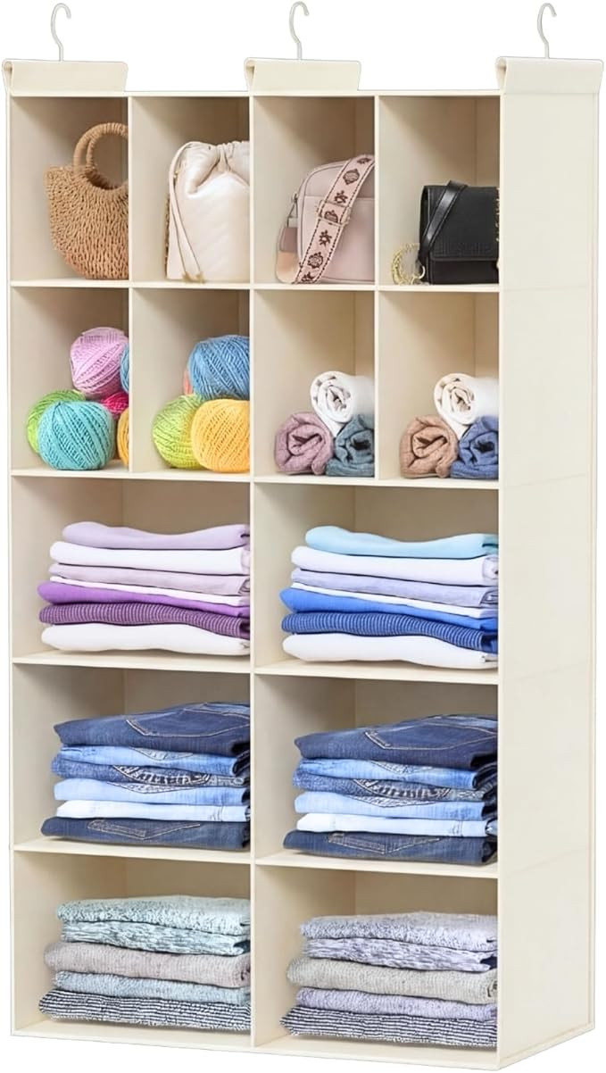 5 Tier Hanging Closet Organizer, 14 Compartments Dual Row Storage, Beige | Closet Organizers and ... | Amazon (US)