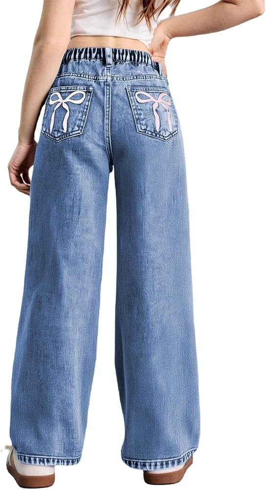 WDIRARA Girl's Bow Print Jeans Elastic High Waist Wide Leg Cute Denim Pants | Amazon (US)