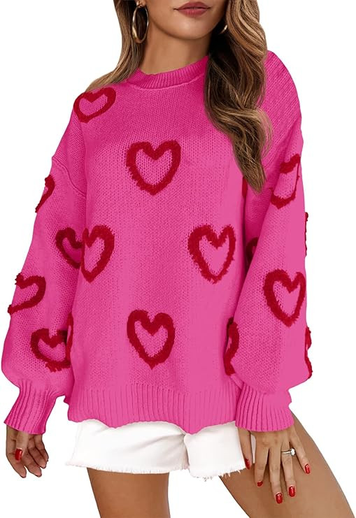 Saodimallsu Womens Heart Sweater Valentines Oversized Cute Winter Chunky Knit Crew Neck Side Slit... | Amazon (US)