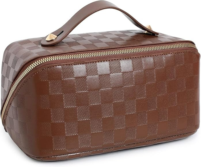 Large Capacity Checkered Makeup Bags Portable Travel Cosmetic Bags Open-Flat Toiletry Waterproof ... | Amazon (US)
