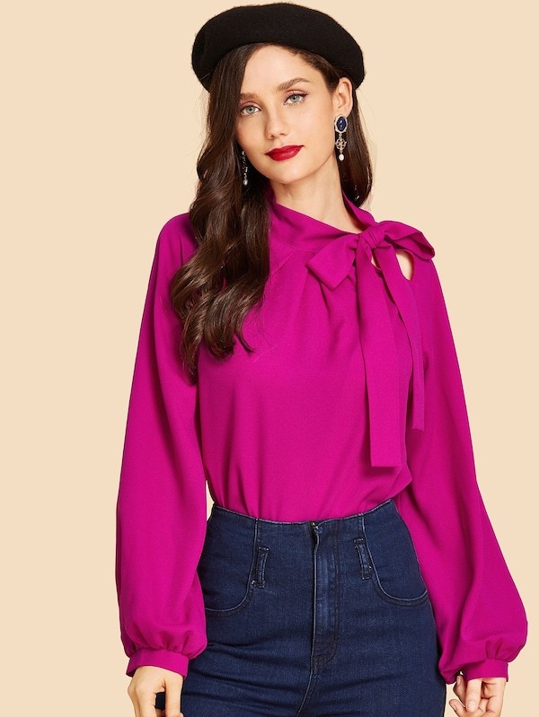 Neon Pink Tie Neck Plain Top | SHEIN