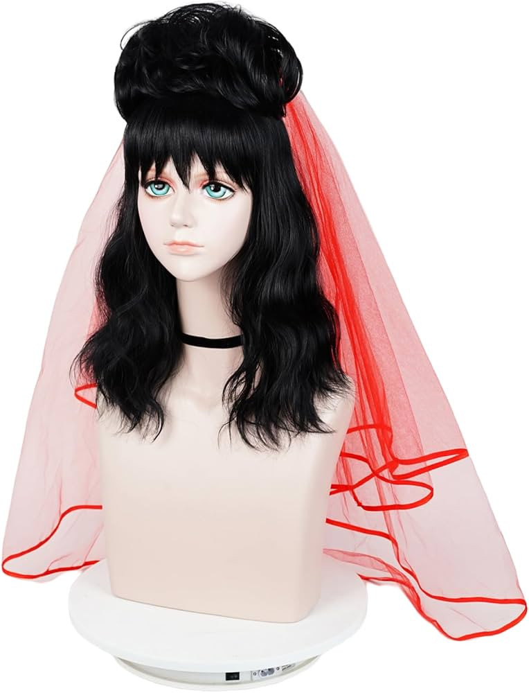 Probeauty Long Black Curly Wig with Bangs, 40cm Medium Length Wavy Wig with Red Veil+Necklace+Det... | Amazon (US)