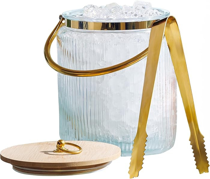 Glass Ice Bucket with Airtight Lid, Ice Tong Scooper and Handle - 3L Ribbed Beverage Tub Cocktail... | Amazon (US)