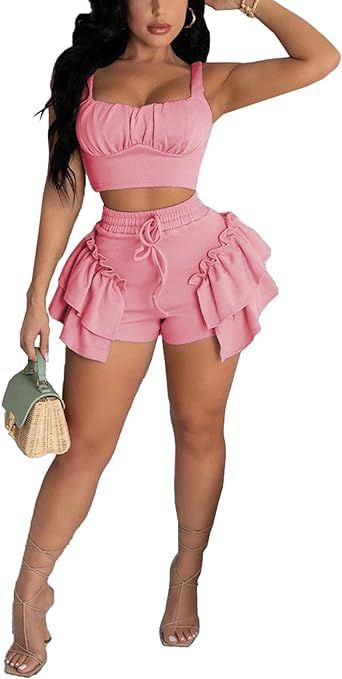 VNVNE Womens Summer Workout Two Piece Outfits, Sexy Sleeveless Crop Top & Drawstring Ruffle Short... | Amazon (US)