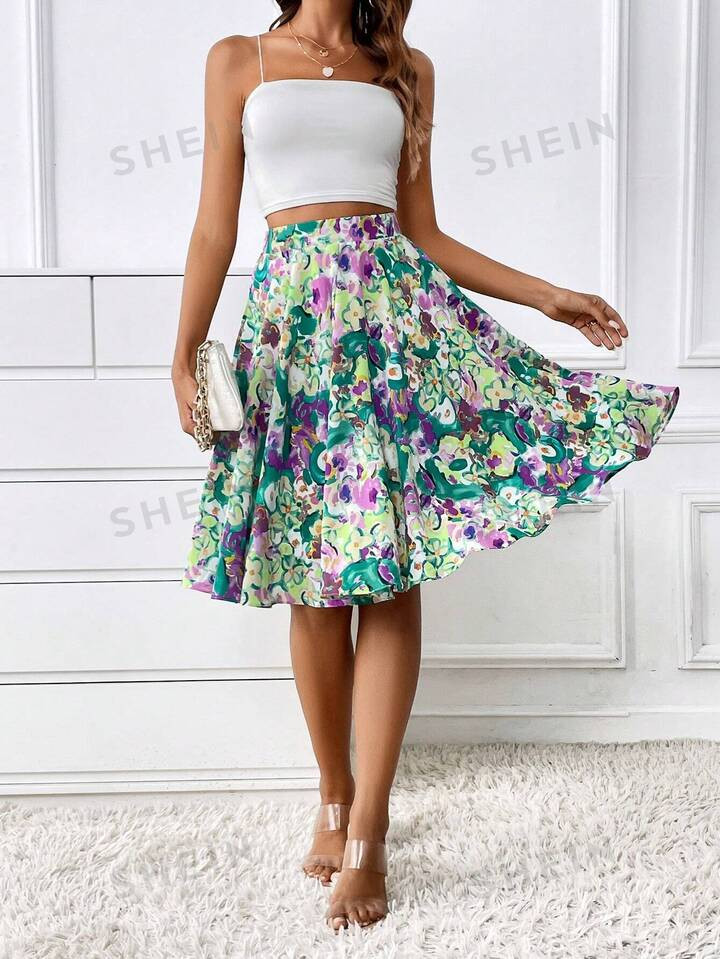 SHEIN Privé Floral Print Flare Skirt | SHEIN
