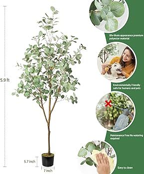 LOVMOR 6ft Artificial Eucalyptus Tree with Woven Seagrass Plant Basketand Realistic Moss,Artifici... | Amazon (US)