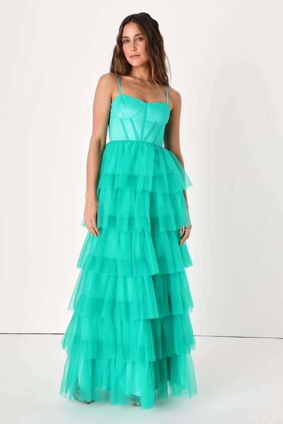 Rule the Runway Teal Green Tulle Bustier Tiered Maxi Dress | Lulus