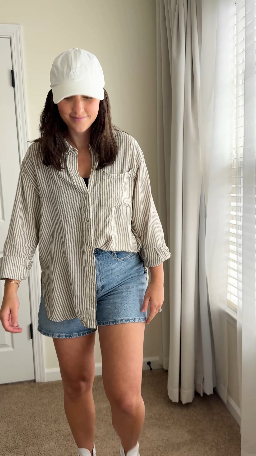 Postpartum outfit 
Old navy button down linen shirt 
Zara high waist Mom shorts 
Platform converse 
Casual outfit 

#LTKShoeCrush