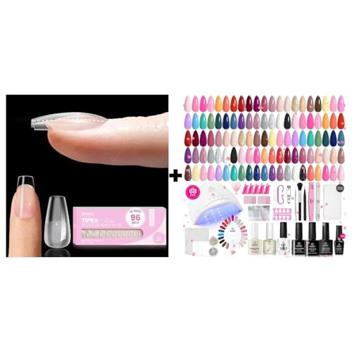 Beetles Tipex Lite Apex Nail Tips, Coffin Short, 96pcs 16 Sizes,Pre-Building Pre-Etched Acrylic Nail Tips with Gel Nail Polish Kit with U V Light - 68 Pcs Set 35 Colors Pink Glitter Nude Gray Gel | Amazon (US)