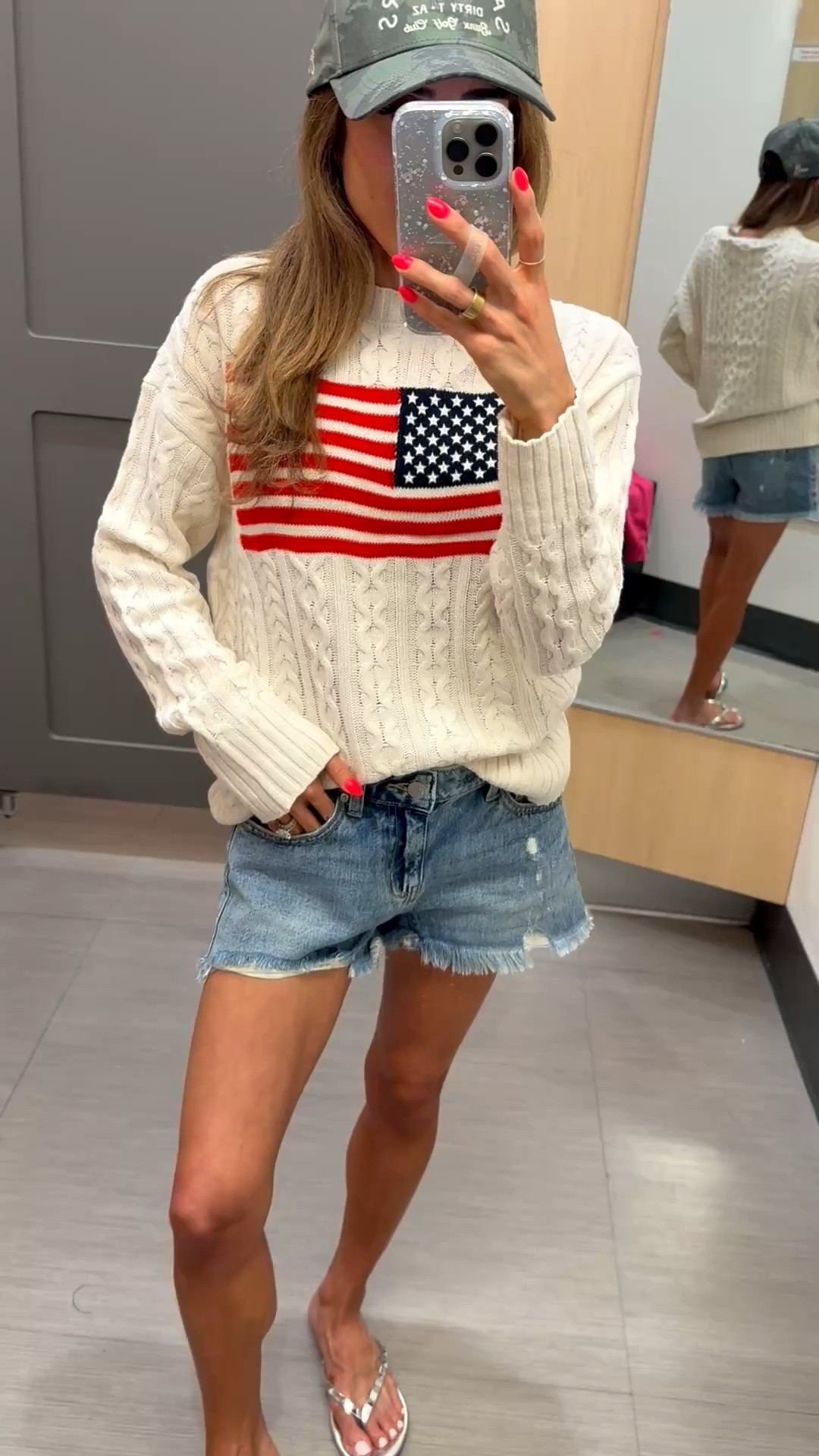 The perfect July 4th or Memorial Day festive American flag sweater. Has an oversized fit. Wearing xxs with 00 denim shorts

#LTKPetite #LTKSeasonal #LTKSaleAlert