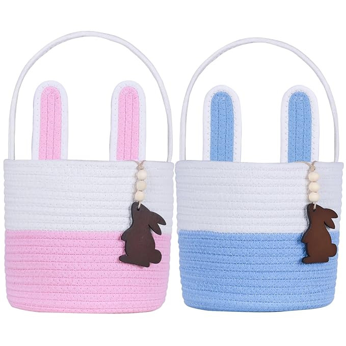 Easter Basket Empty 2 PCS Bunny Woven Rope Easter Baskets for Kids Easter Hunt Baskets with Handl... | Amazon (US)