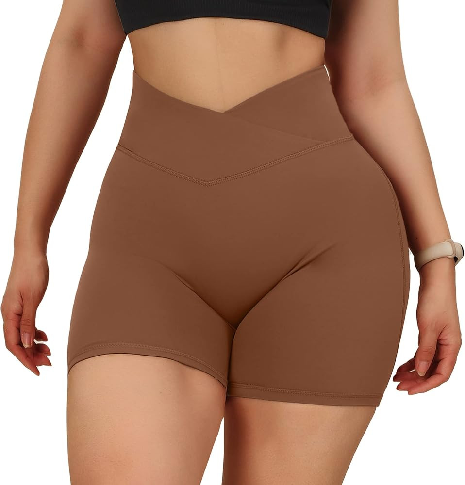 MOOSLOVER Women V Cross Waist Workout Shorts Butt Lifting High Waisted Biker Shorts | Amazon (US)