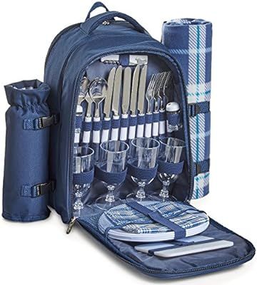 VonShef 4 Person Outdoor Picnic Backpack Bag Set with Insulated Cooler Compartment - Includes Pic... | Amazon (US)