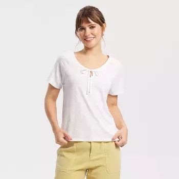 Women's Tie-Front Button-Up Top - A New Day™ Olive Green L | Target